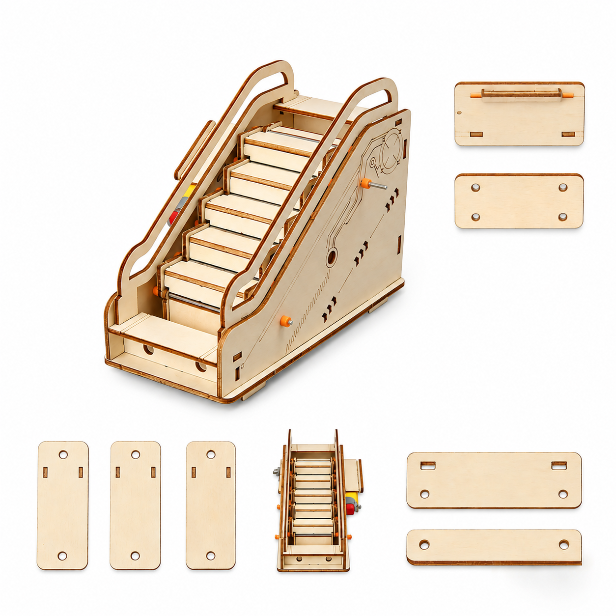 Electric escalator kit laser-cut wooden parts laid out