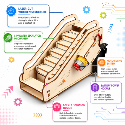 Electric escalator kit features: laser-cut wood, motor drive, battery module