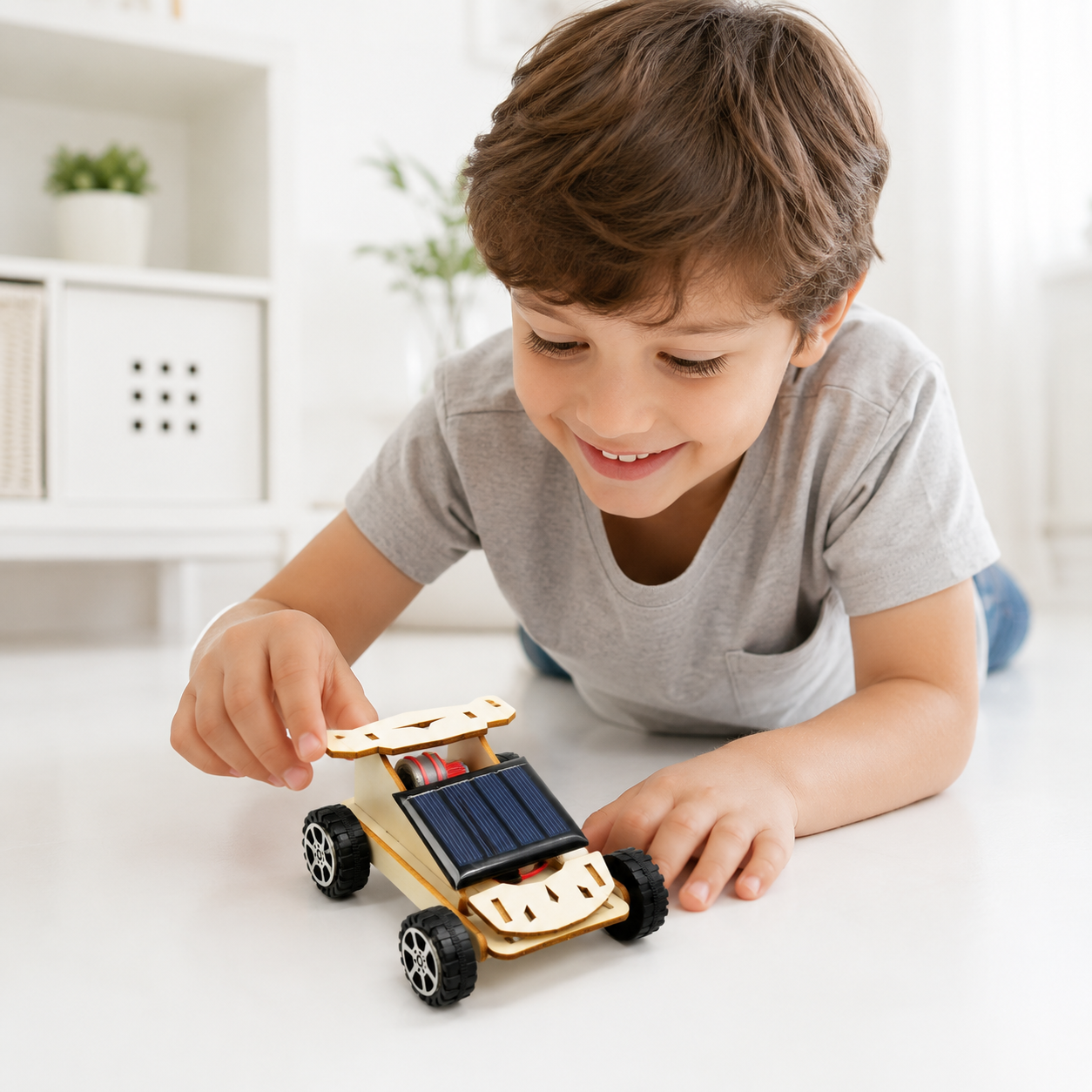 Child playing with the wooden solar-powered car