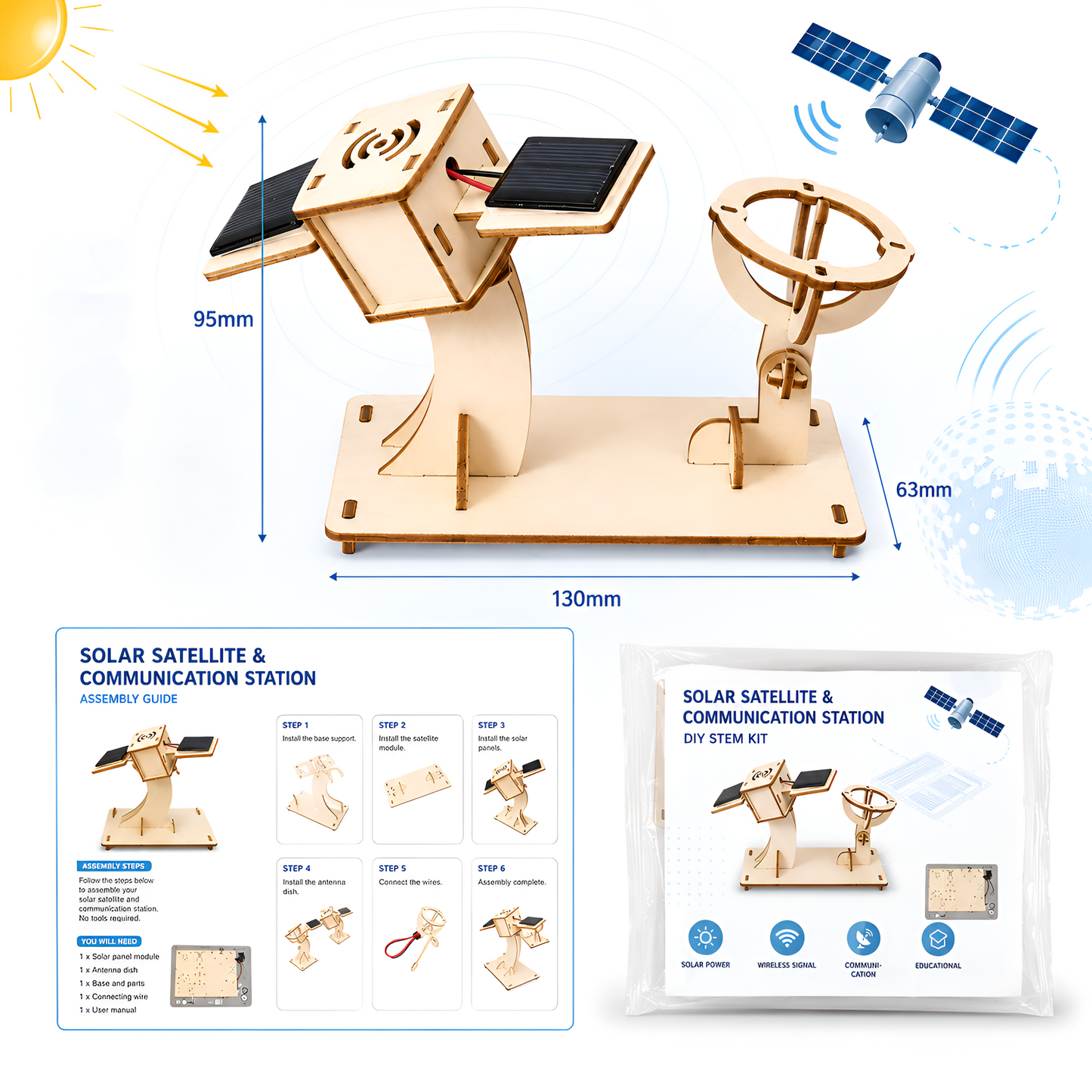 Solar satellite dimensions and kit contents
