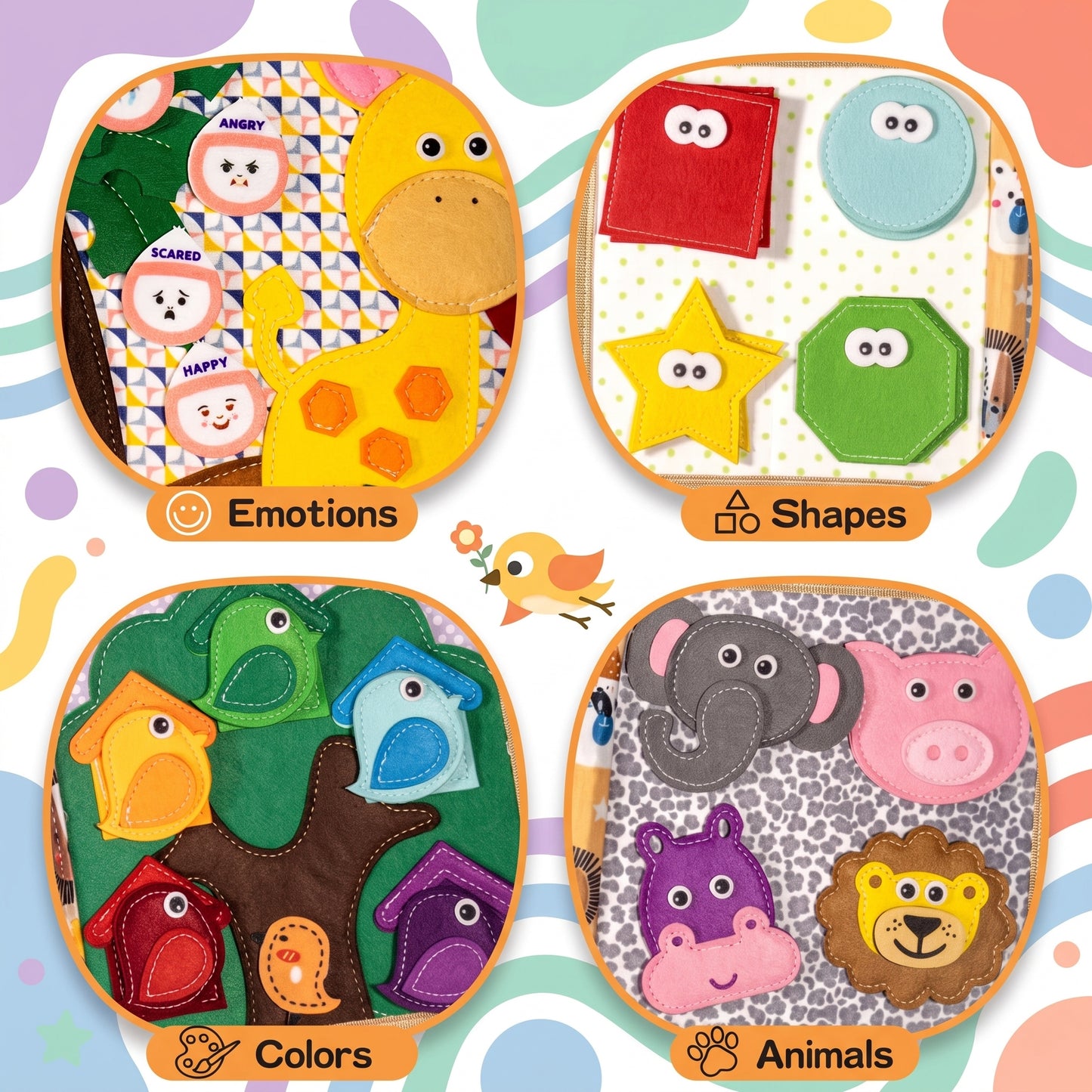 Emotions, shapes, colors and animals pages