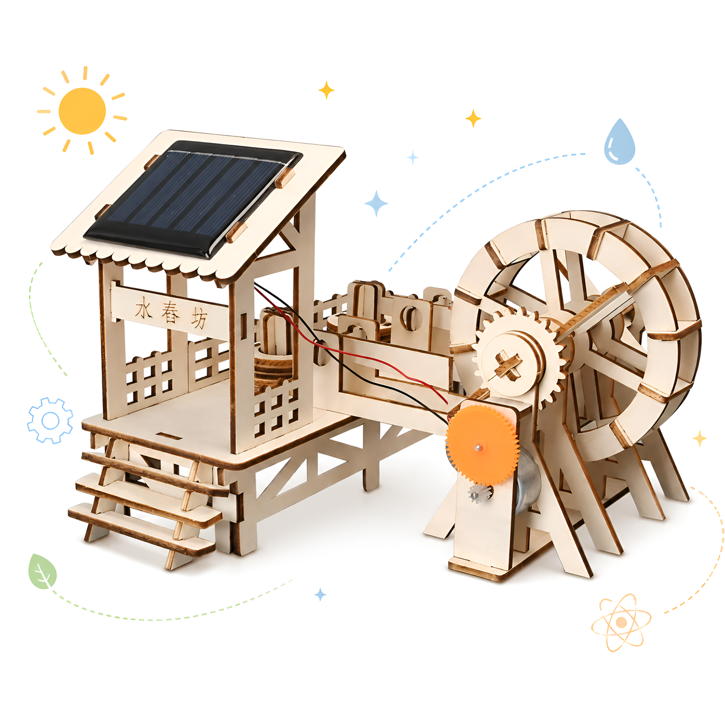 Solar-powered watermill with spinning wheel