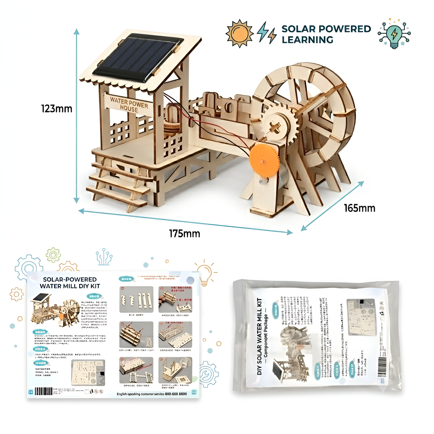 Solar watermill dimensions and kit contents