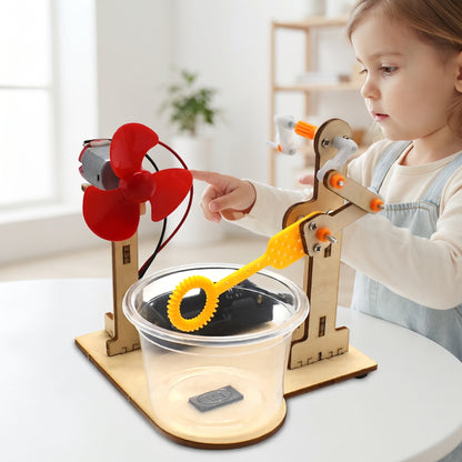 Child with the DIY wooden bubble machine STEM kit