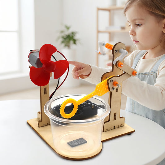 Child with the DIY wooden bubble machine STEM kit