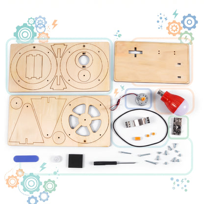 Generator kit contents: laser-cut plywood sheets, motor, drive belt, bulb, screwdriver and fixings