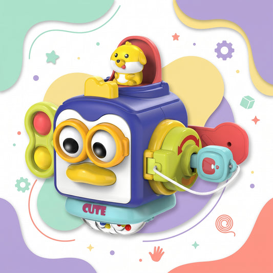 Blue penguin busy cube with pop-up puppy