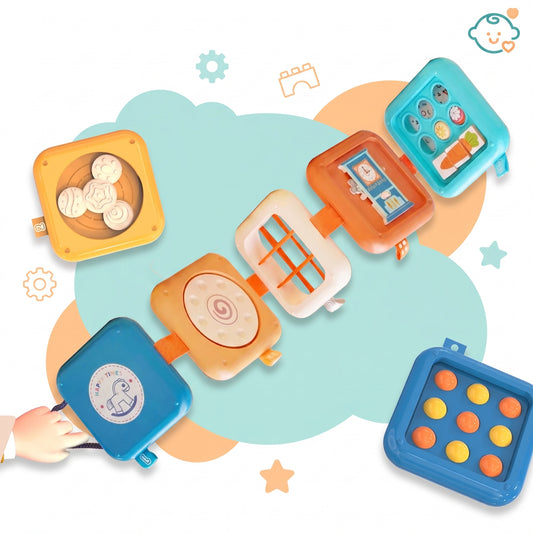 Montessori folding activity cube with panels spread out