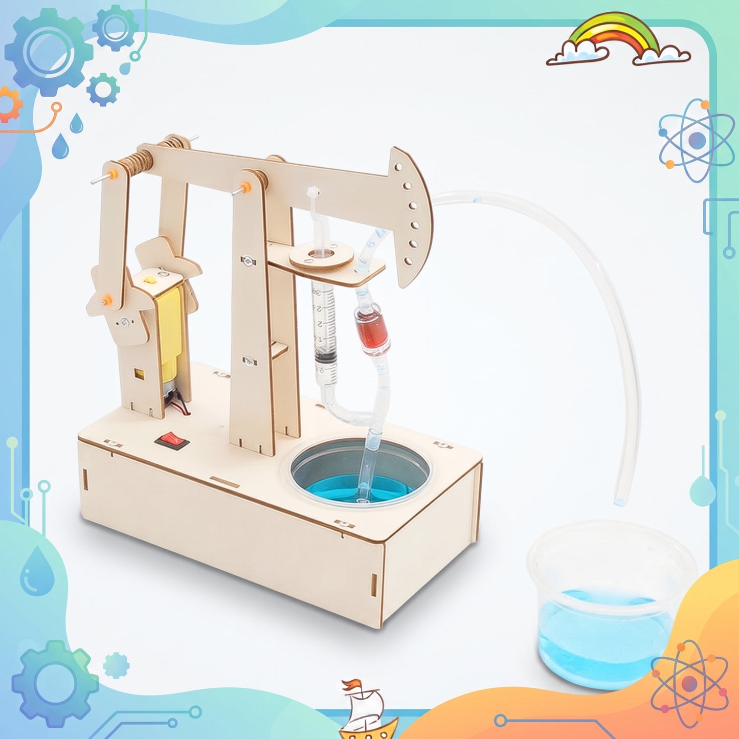 Assembled DIY wooden pumpjack water-pump STEM model