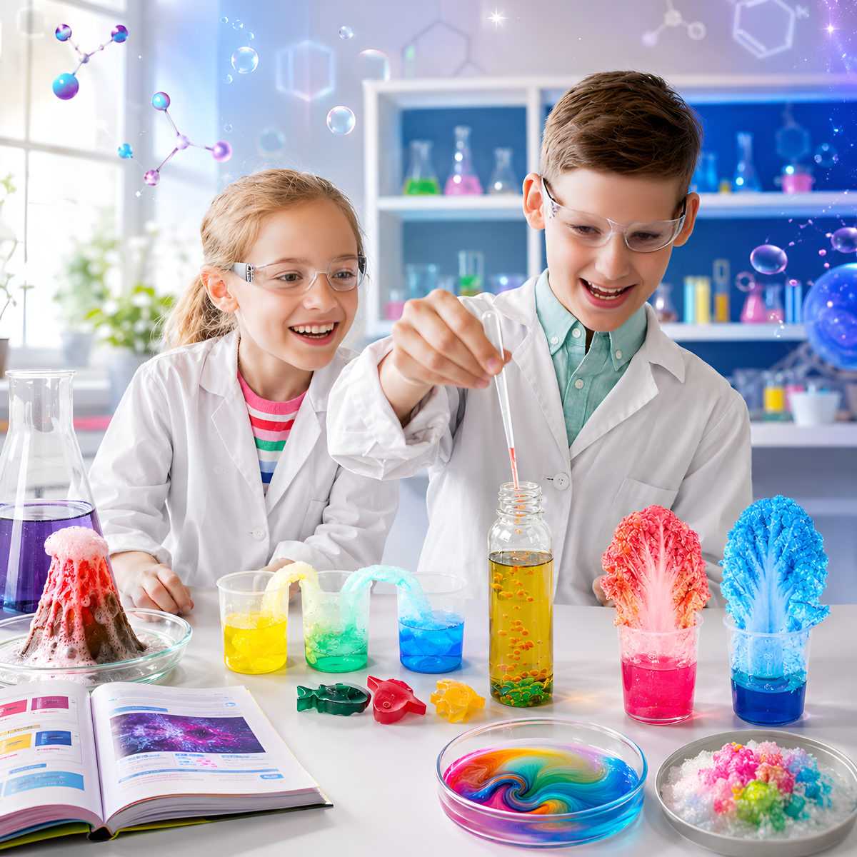 Two kids in lab coats and goggles doing science experiments with the TOYURIA STEM kit