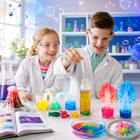 Two kids in lab coats and goggles doing science experiments with the TOYURIA STEM kit