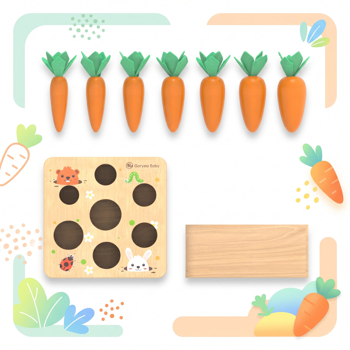 Carrot harvest toy dimensions: 12.5 x 12.5 cm base, 5.5 cm deep