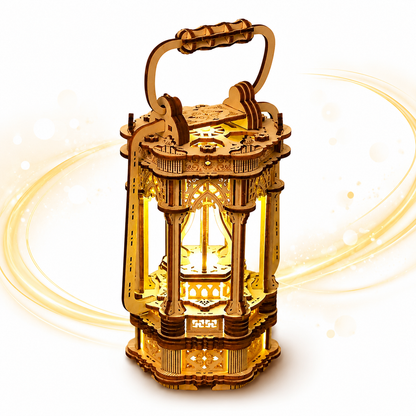 Wooden Victorian lantern lit with a warm LED glow