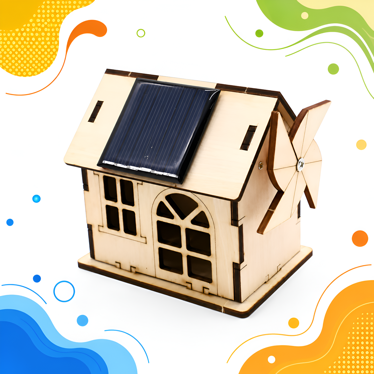 Wooden solar cottage with wall-mounted wind fan