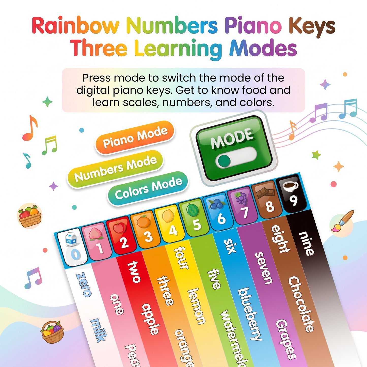 Rainbow number piano keys with three learning modes