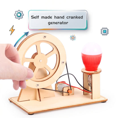 A hand turning the flywheel to light the bulb on the hand-crank generator