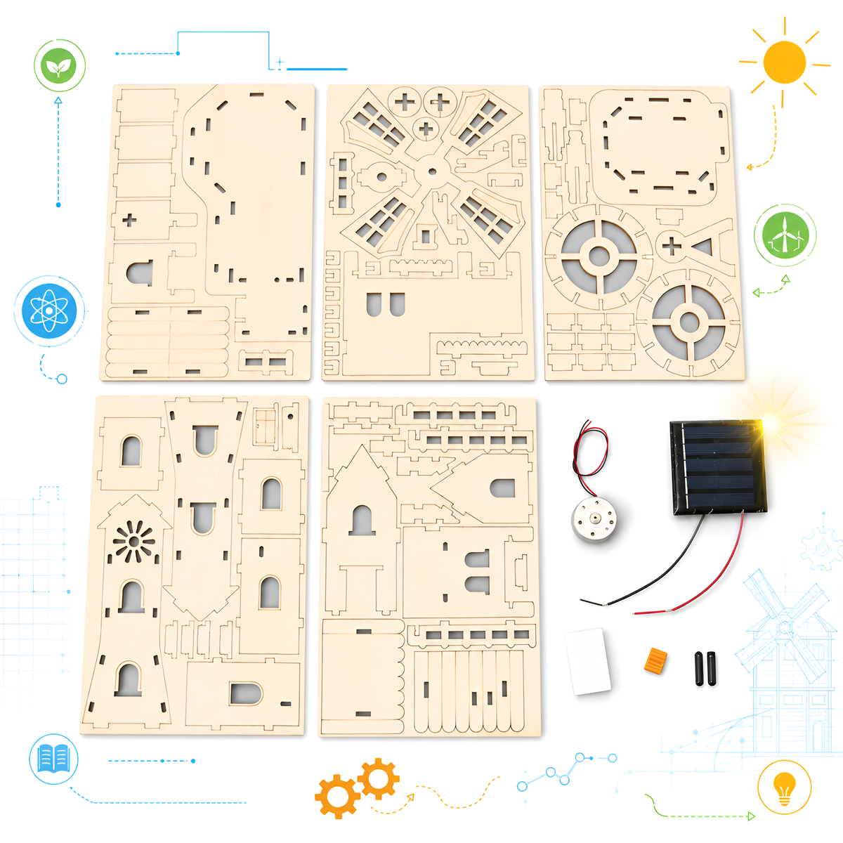 Laser-cut wooden parts and solar panel included