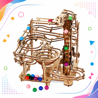 Wooden marble run angled view