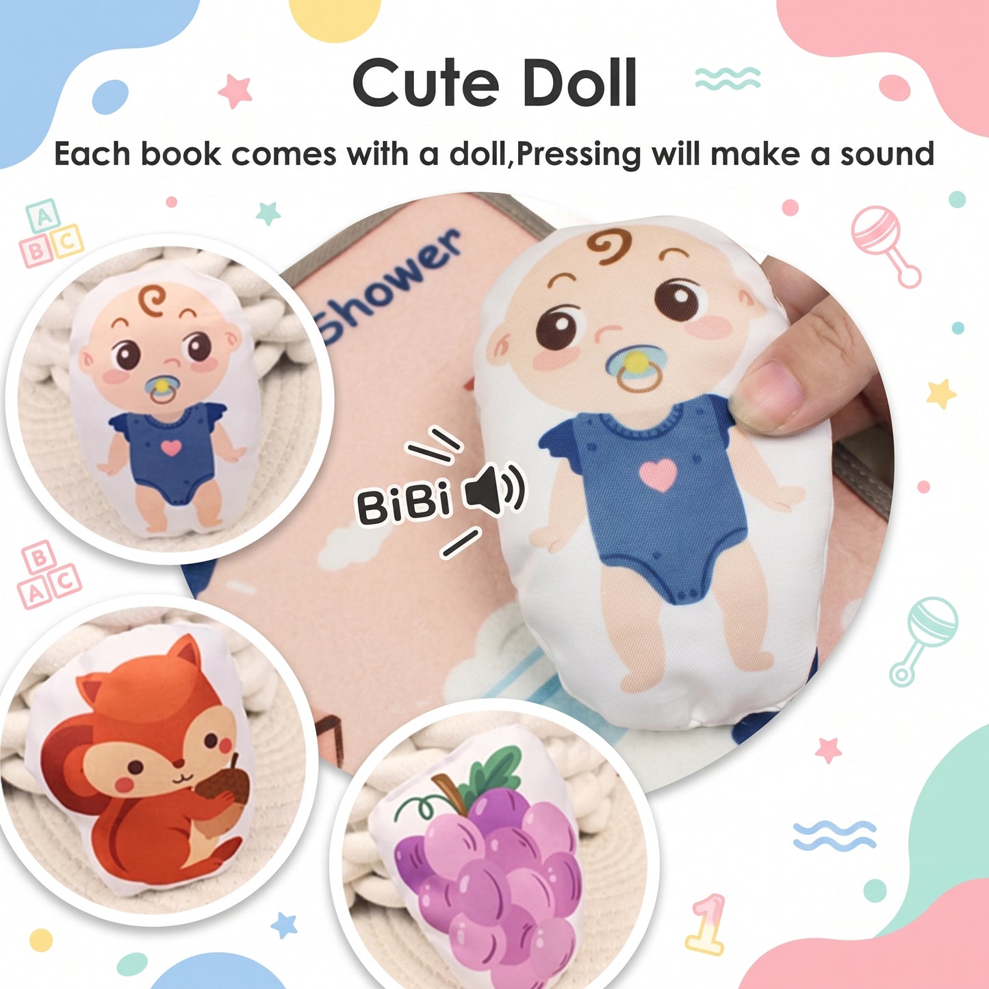 Each book includes a soft squeaky doll