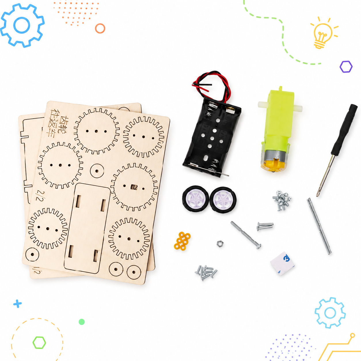 Kit contents: wood sheets, motor, battery box and tools