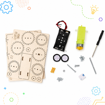Kit contents: wood sheets, motor, battery box and tools